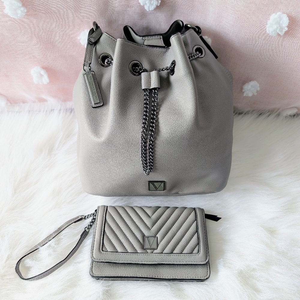 Victoria Secret Bucket Bag Purse & Wallet, Grey, Crossbody, Like New